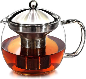 Willow & Everett Teapot with Infuser for Loose Tea - 40oz, 3-4 Cup, Clear Glass Kettle Pot with Strainer & Warmer
