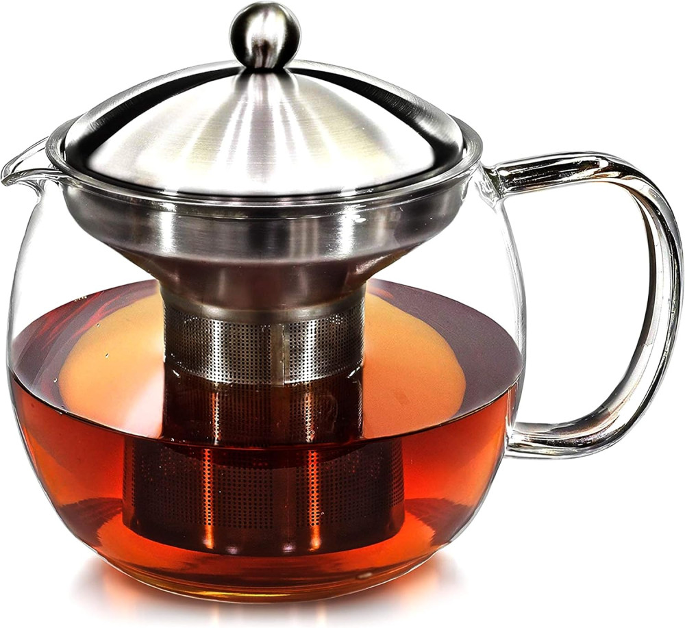 Willow & Everett Teapot with Infuser for Loose Tea - 40oz, 3-4 Cup, Clear Glass Kettle Pot with Strainer & Warmer